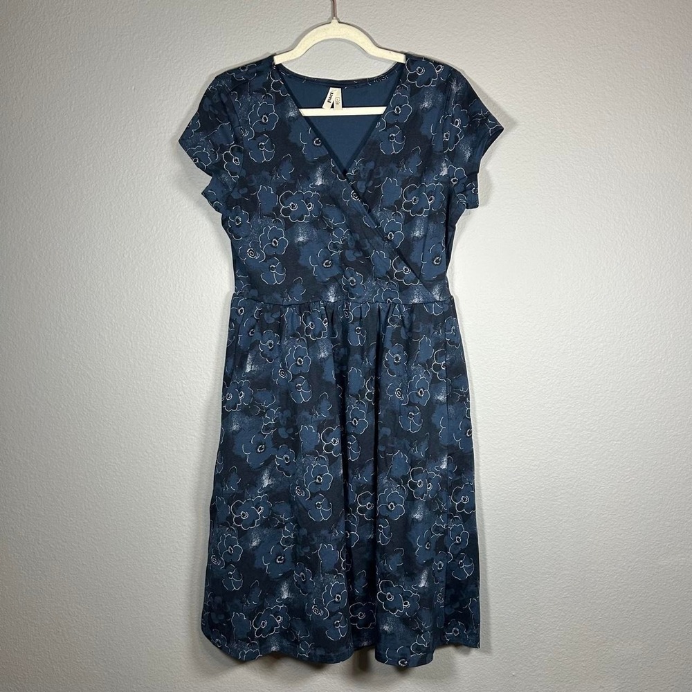 PACT Navy Blue Floral Wrap Dress Womens L Organic Cotton Cottage Boho